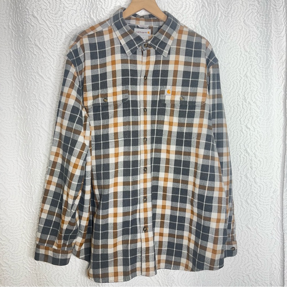 Carhartt Men's XL Long Sleeve Plaid Flannel Button Down Work Shirt Brown Gray